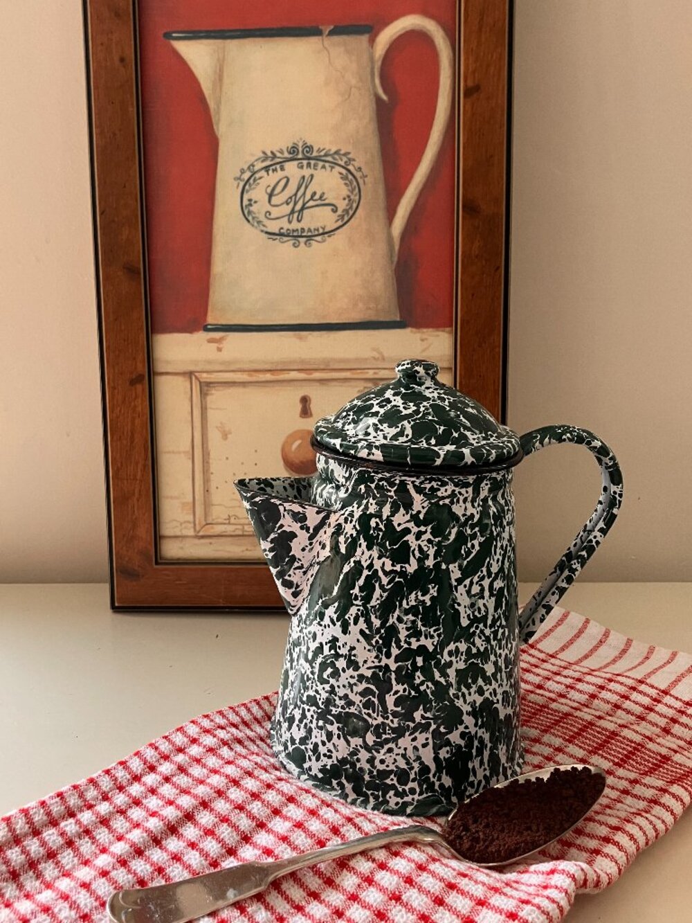 Vintage Enamel Splatter Water Green and White Coffee Pot, Swirled Marble Pot